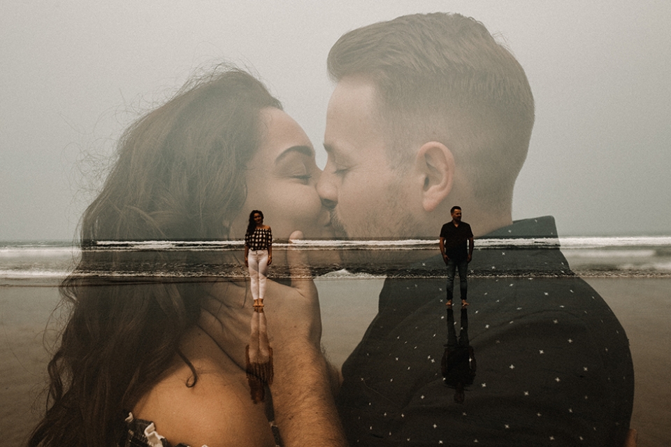 couple session , Bude beach , double exposure