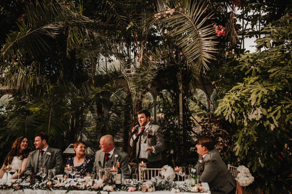 best man giving his best man speech at sefton palm house,  liverpool