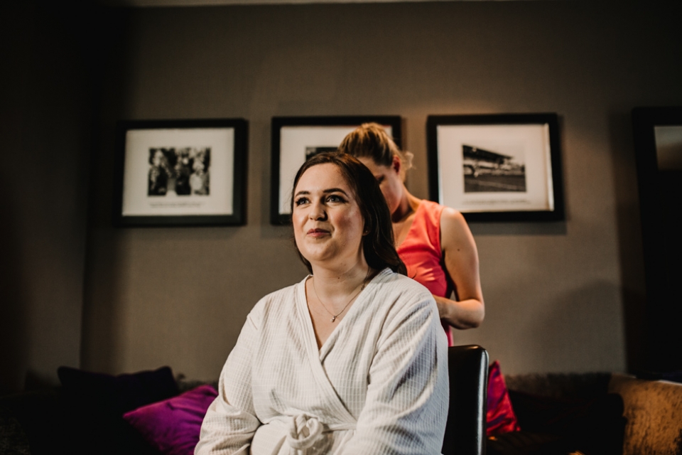 bride having her wedding hair done by sarah meredith hair and makeup