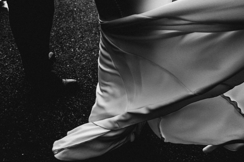 brides dress blowing in the wind at northern ireland wedding