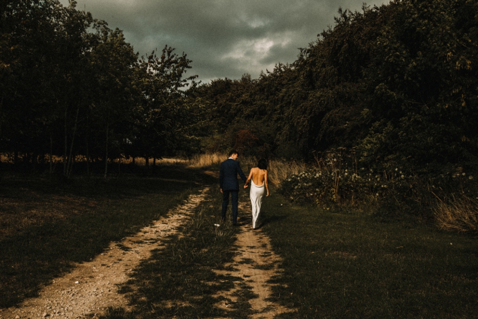 bride and groom walking together