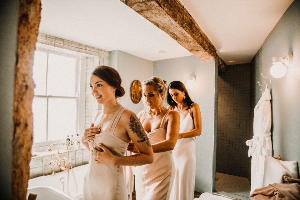 bride party in bathroom at Merris court