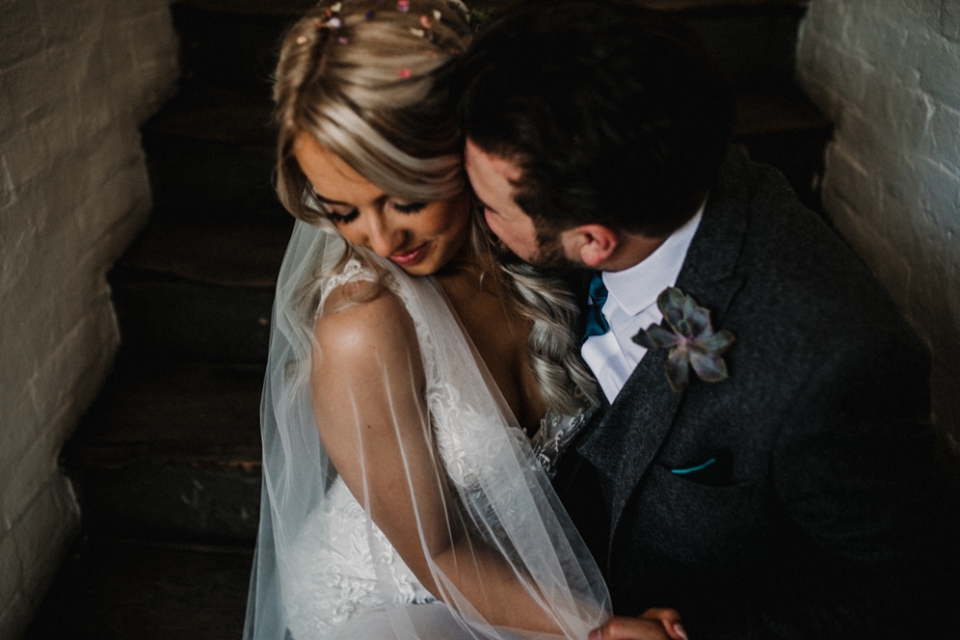 couple having relaxed and intimate wedding portraits , west mill