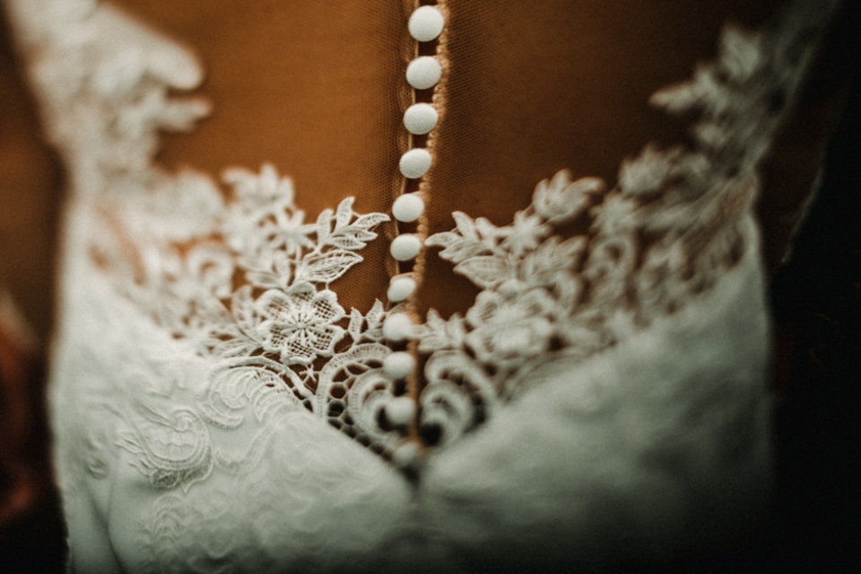 close up details of wedding dress 