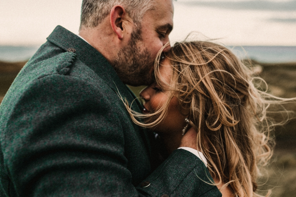 bride and groom on the scottish coast , wedding venue