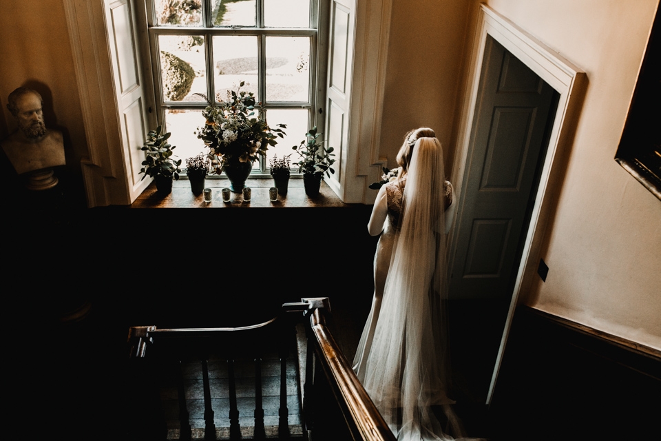 bride waiting at top of the stairs , Iscoyd clock tower