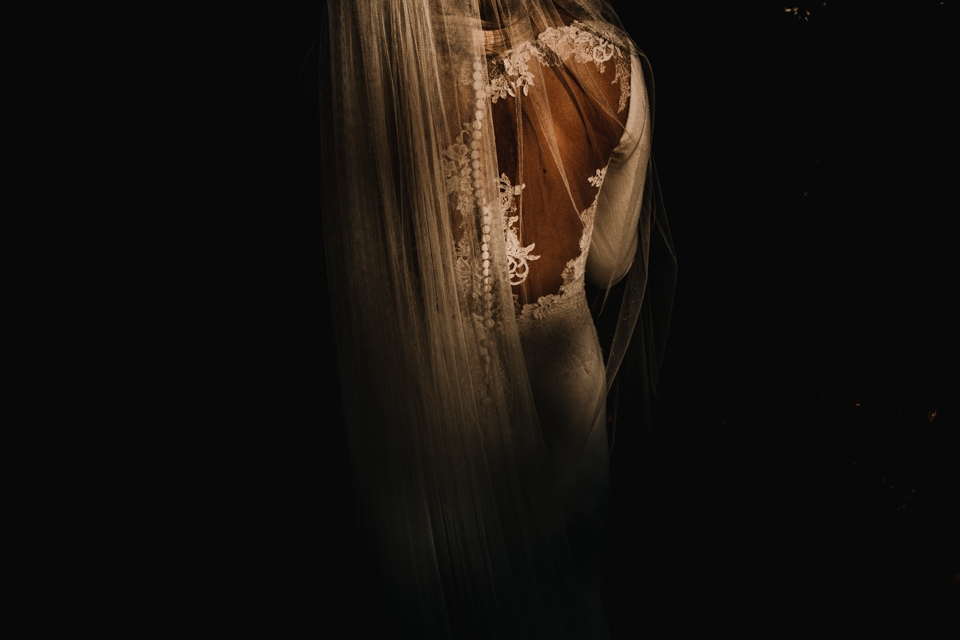 light and shadow on pronovia wedding dress