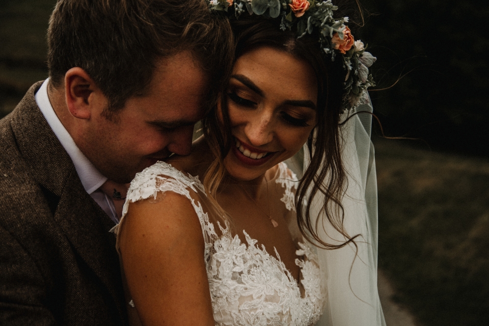 flower crown and boho bride at kingscote barn wedding venue