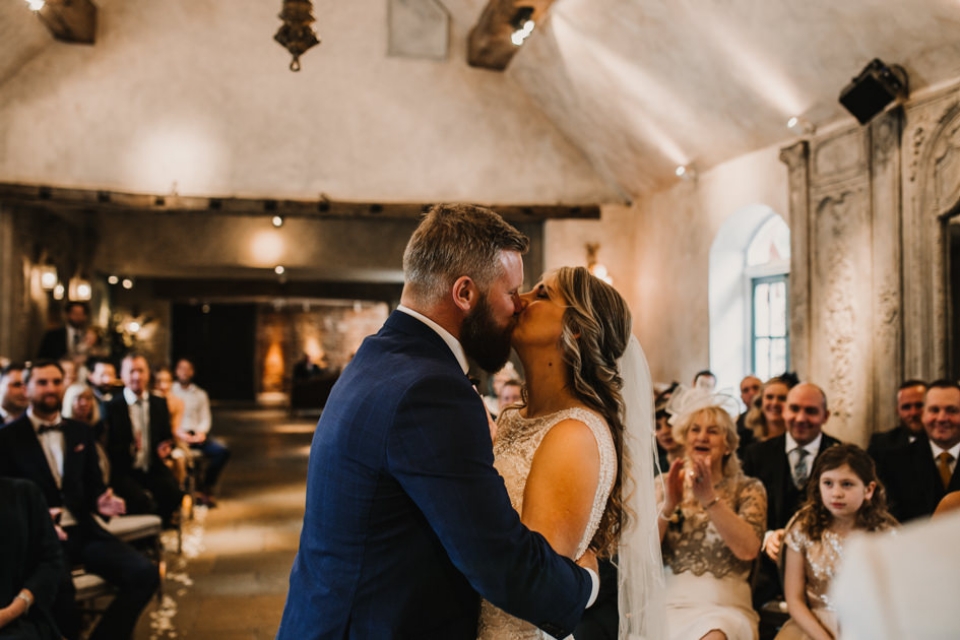first kiss at le petit chateau wedding ceremony