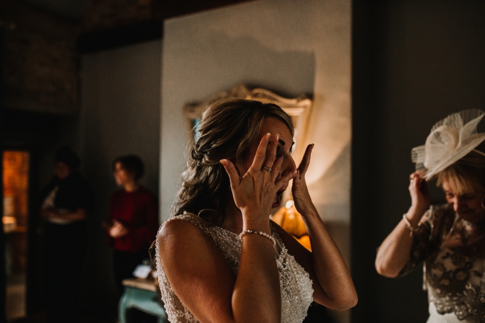 bride becoming emotional at bridal prep