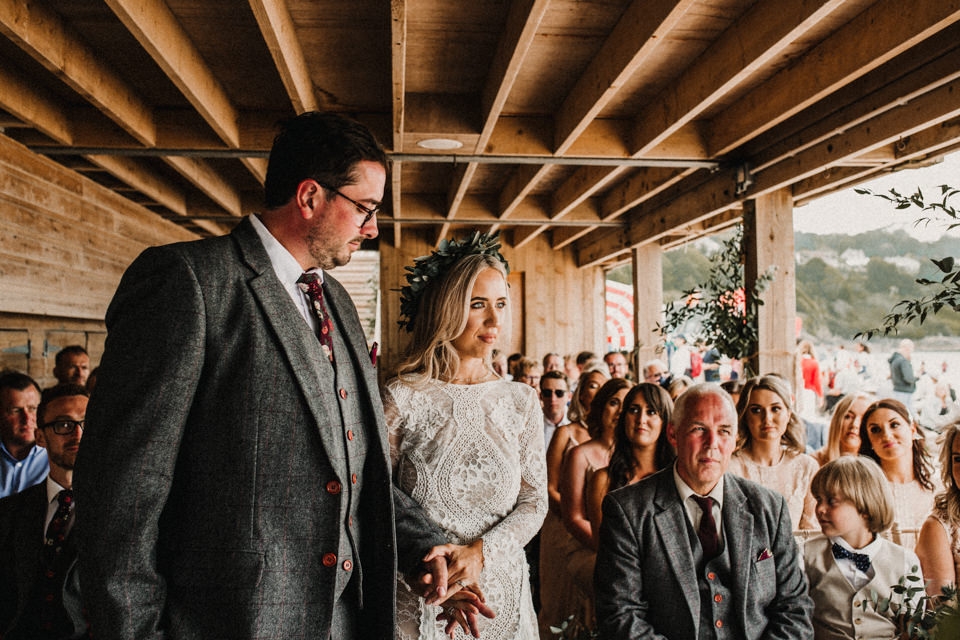 bride and groom wedding ceremony at carbs bay hotel , st ives