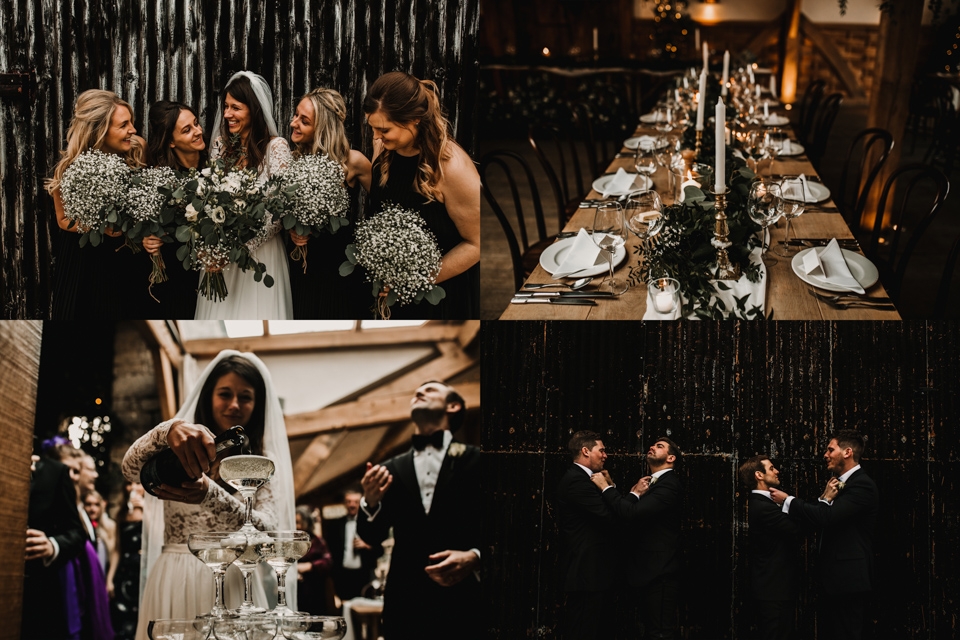 bride tribe and ushers with champagne towers in cripps barn