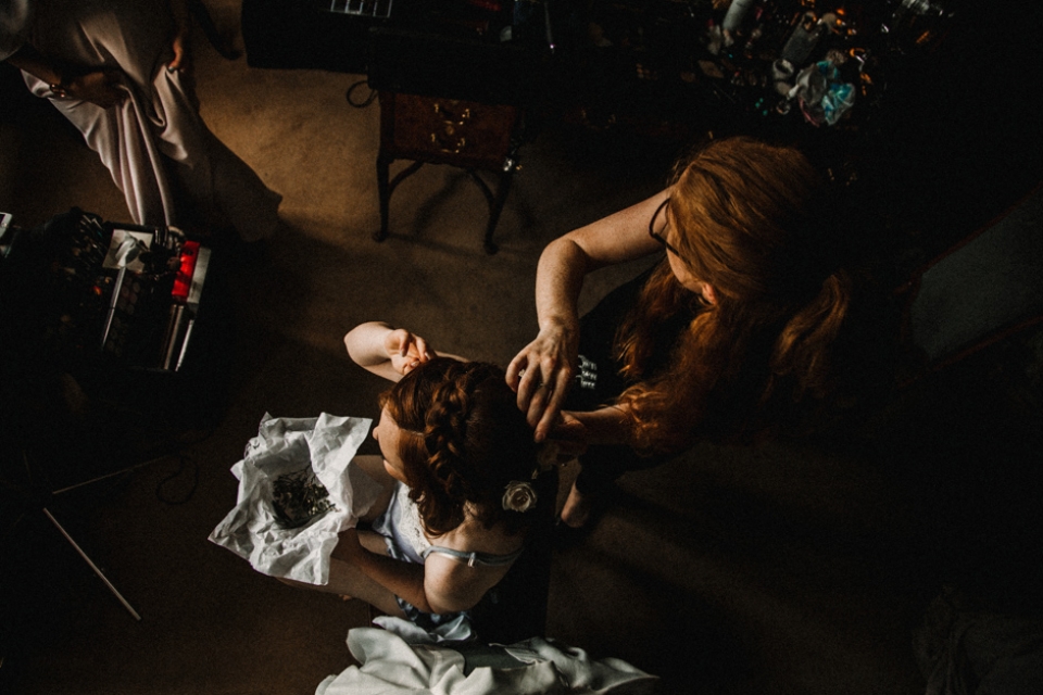 bride having her hair done 