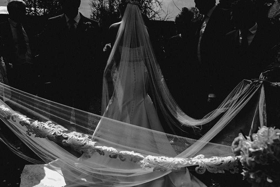 guests pulling out brides veil in glass house and maze gardens , comberemere abbey