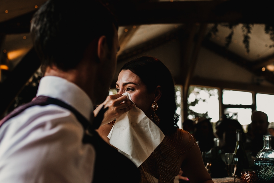 wedding speeches at cripps barn , bride in tears 