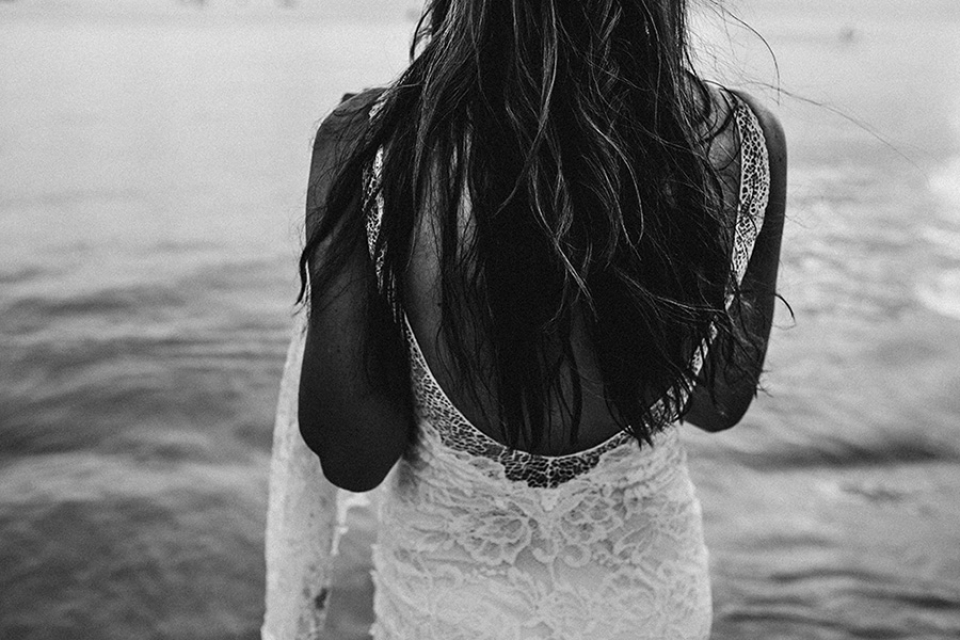 a black and white edit of brides hair on the beach in koh phangan