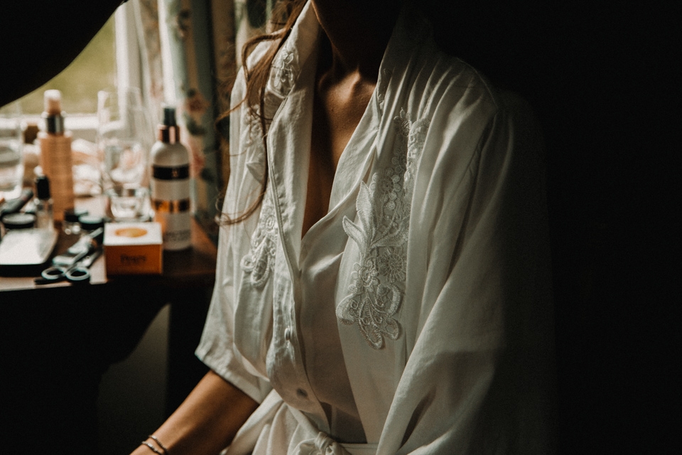 close up of brides dressing gown 