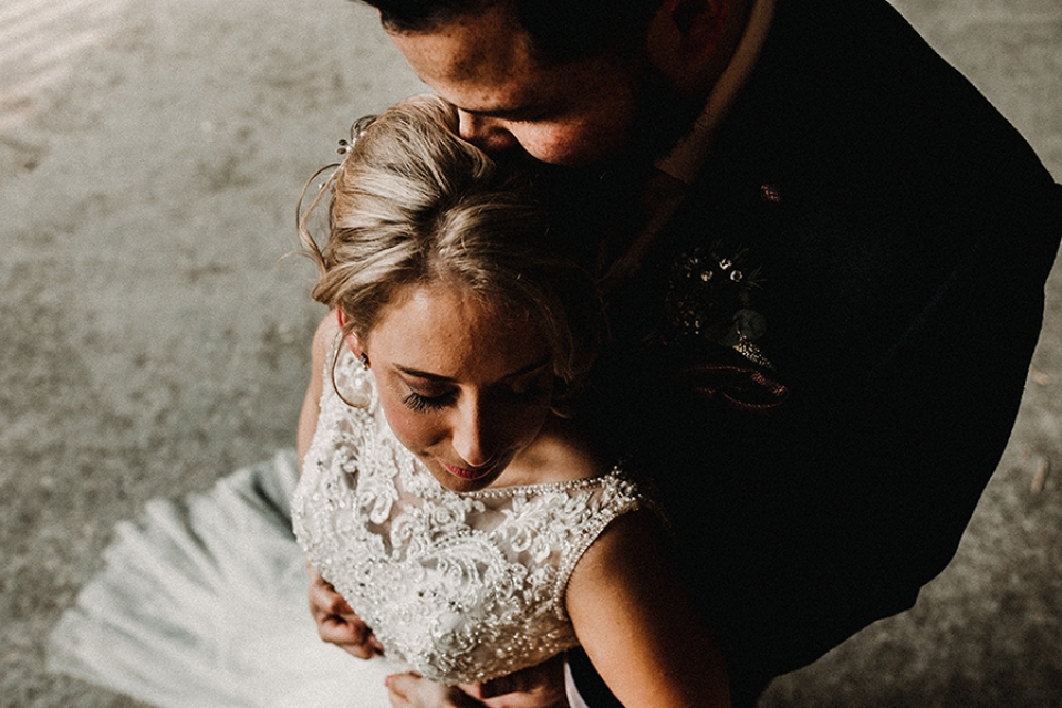 Bride and groom on portrait session at Owen house , Mobberly